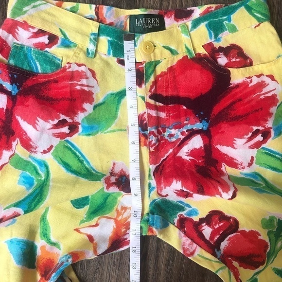 Lauren Ralph Lauren Linen Butter Yellow Floral Cropped Pants - Picture 6 of 11